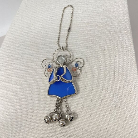 Stained Glass Guardian Angel Beaded Bells Hanging Suncatcher Ornament Vintage - Picture 1 of 9